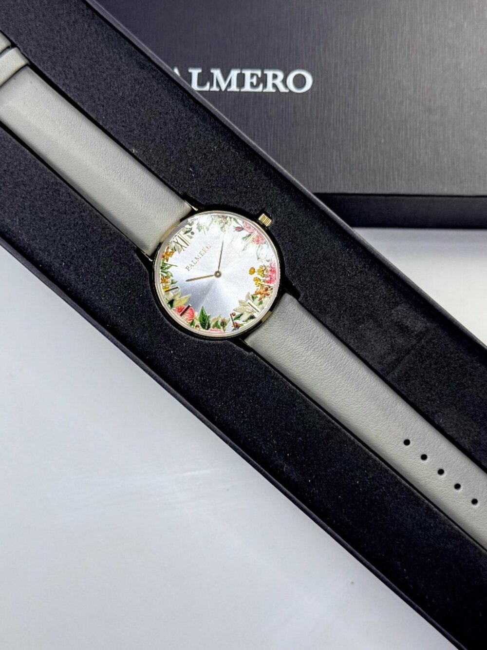 Palmero De Fleurs Floral Dial Leather Watch gold tone grey leather New SS350